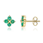 9ct Yellow Gold Round Natural Emerald Four Stone Cluster Stud Earrings
