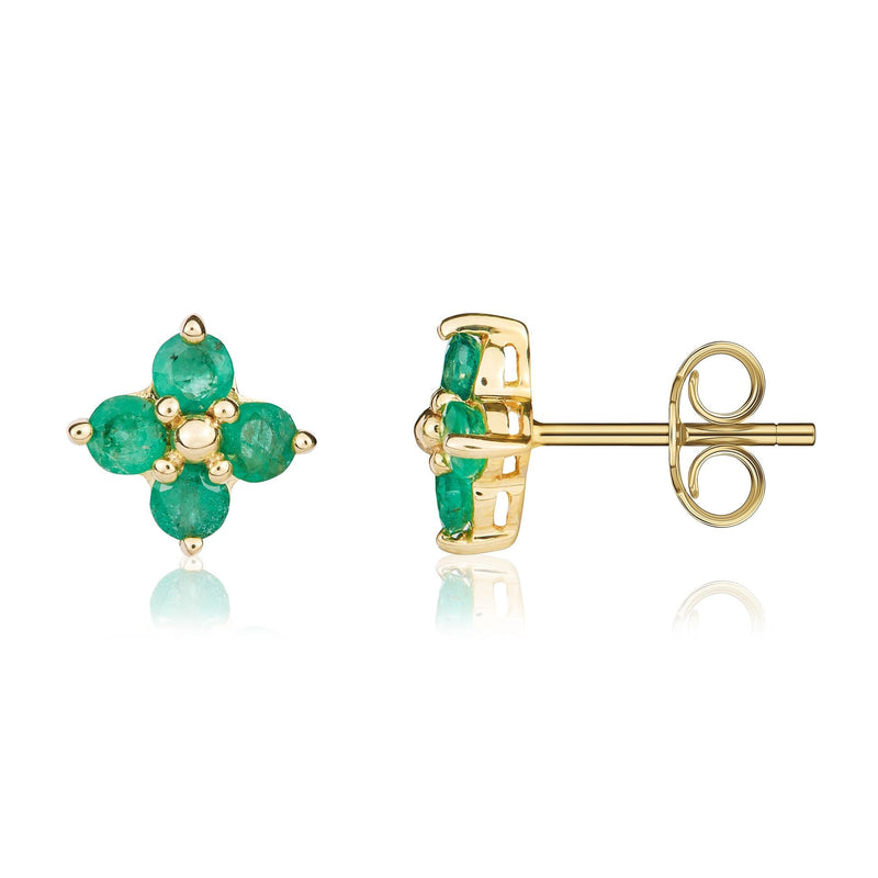 9ct Yellow Gold Round Natural Emerald Four Stone Cluster Stud Earrings