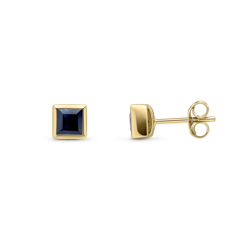 9ct Yellow Gold Square Natural Sapphire Rubover Stud Earrings — 3mm