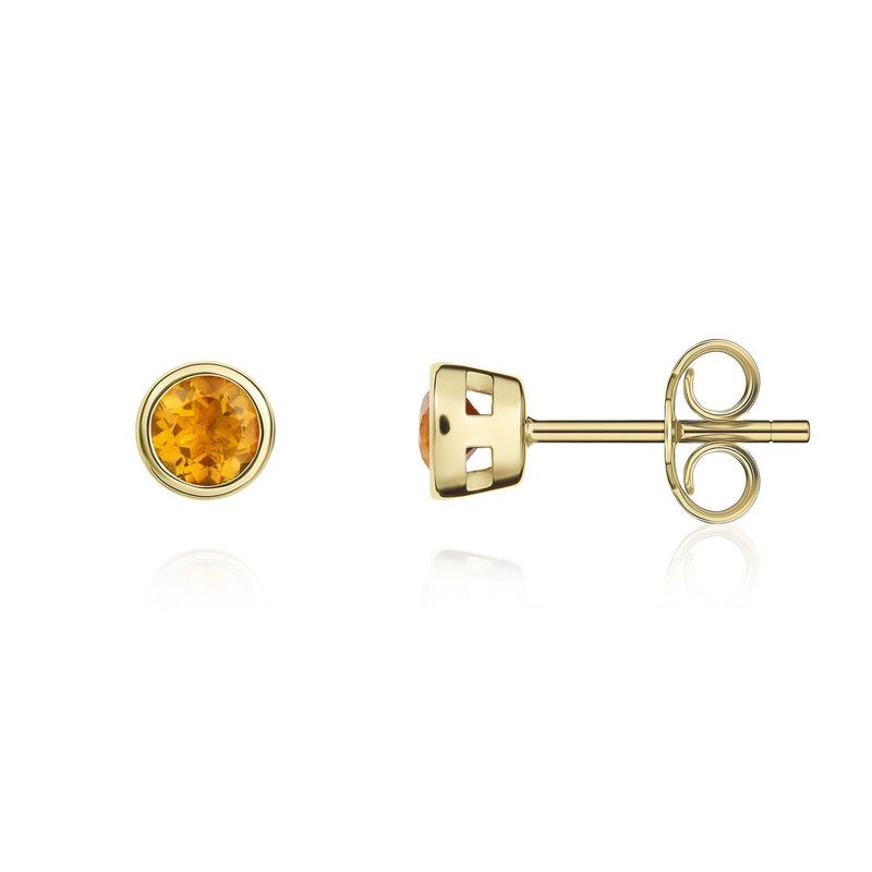 9ct Yellow Gold Round Natural Citrine Rubover Stud Earrings — 3mm