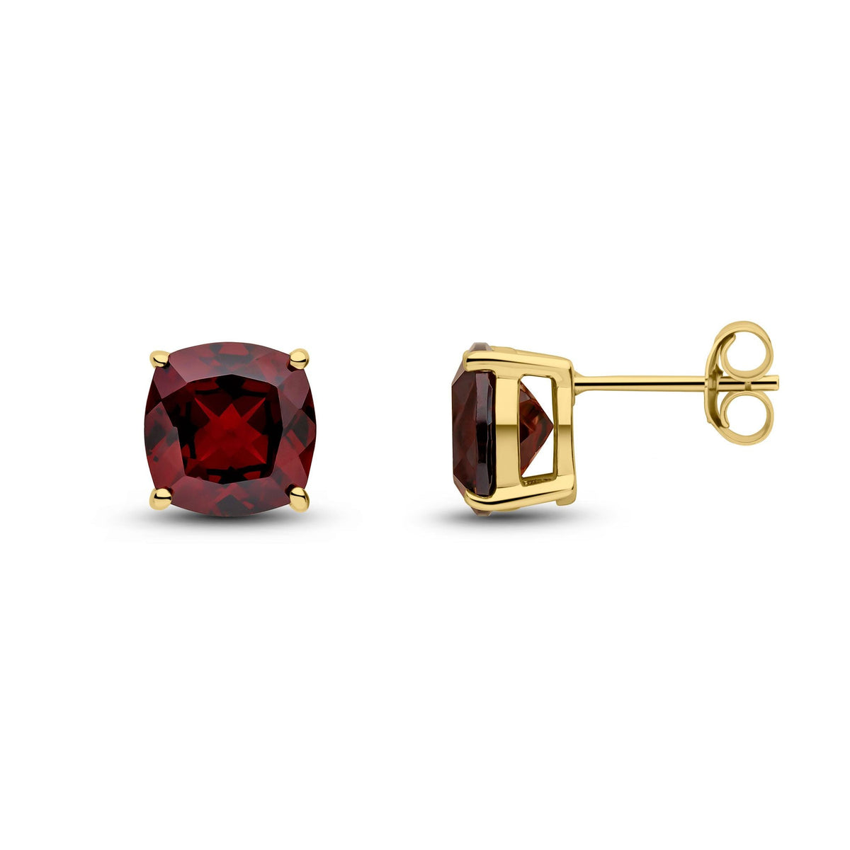 9ct Yellow Gold Cushion Natural Garnet Claw Stud Earrings — 8mm