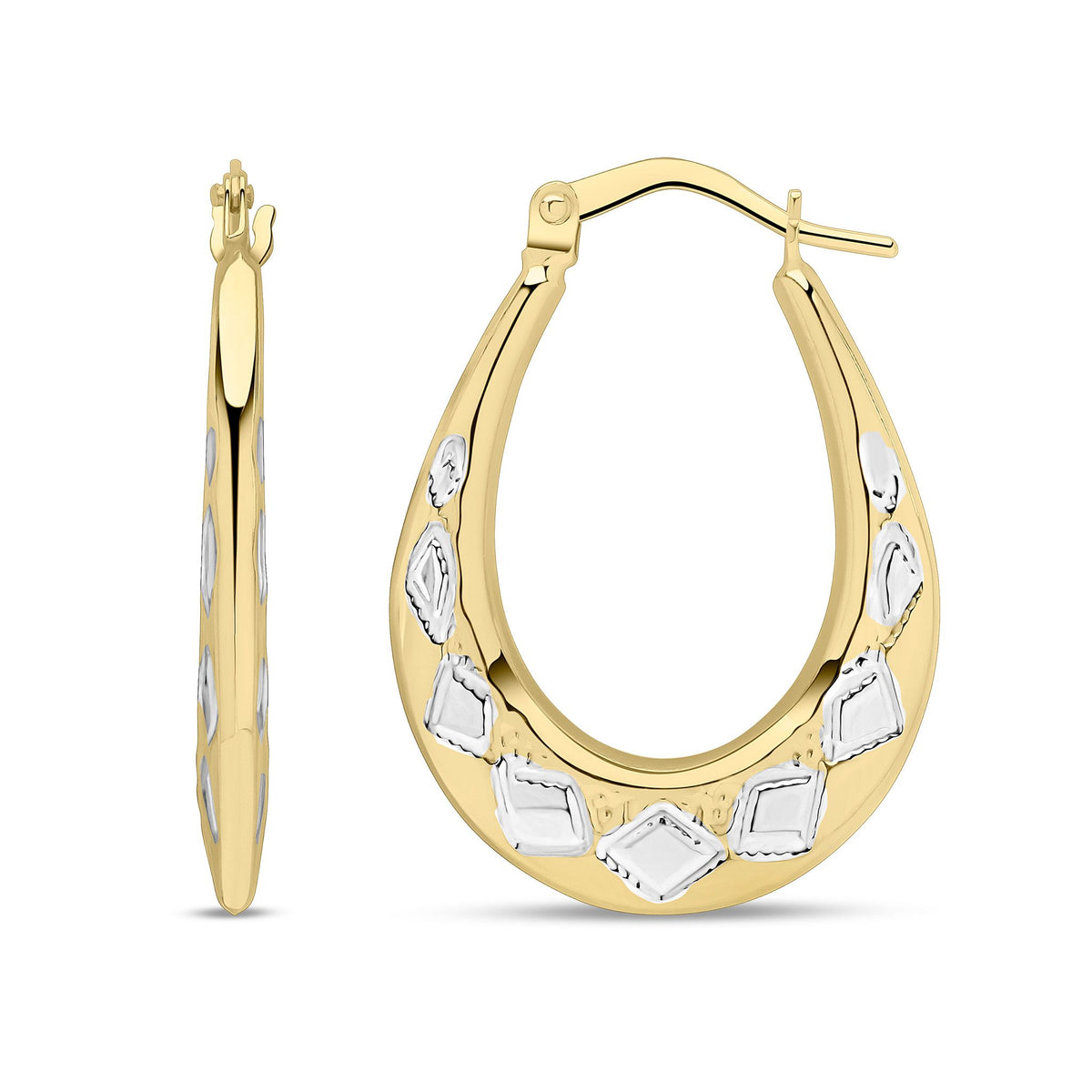 9ct Yellow & White Gold Two Tone Diamond Cut Oval Hoop Earrings