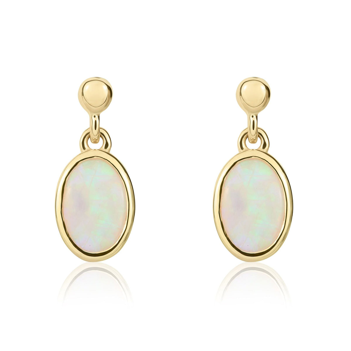 9ct Yellow Gold Oval Natural Opal Rubover Drop Earrings — 7x5mm