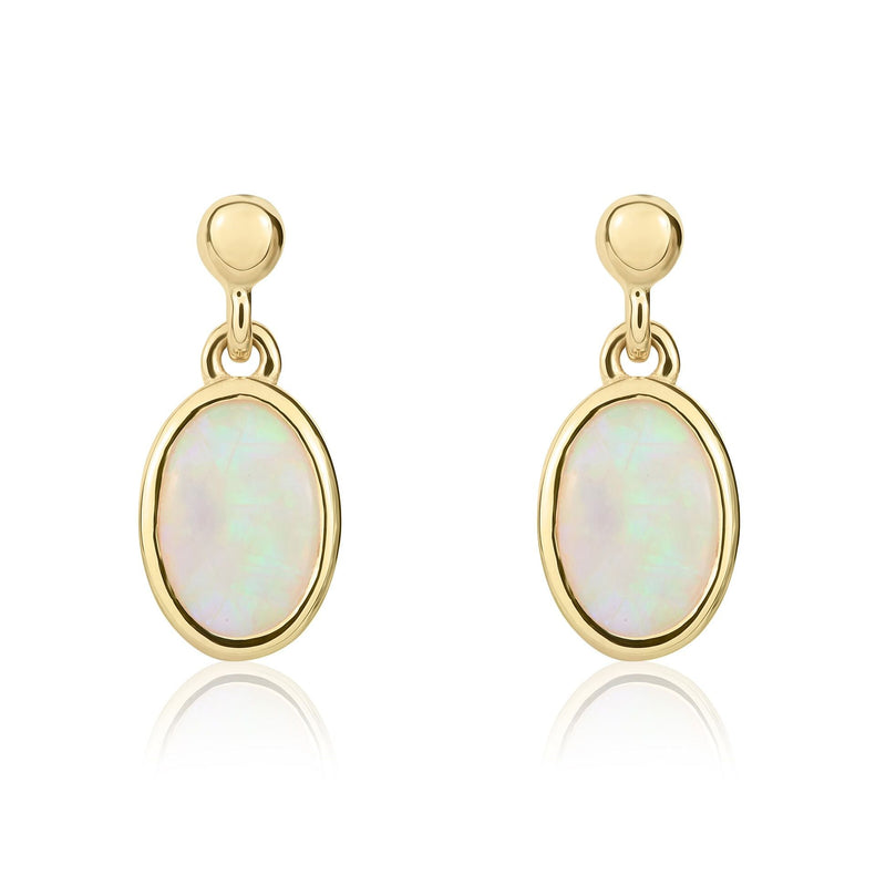9ct Yellow Gold Oval Natural Opal Rubover Drop Earrings — 7x5mm