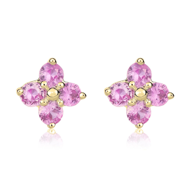 9ct Yellow Gold Round Natural Pink Sapphire Four Stone Cluster Stud Earrings