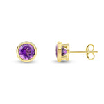 9ct Yellow Gold Round Natural Amethyst Rubover Stud Earrings — 6mm