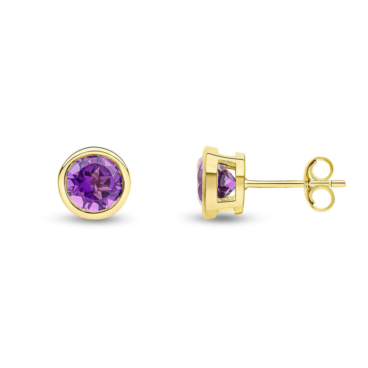9ct Yellow Gold Round Natural Amethyst Rubover Stud Earrings — 6mm