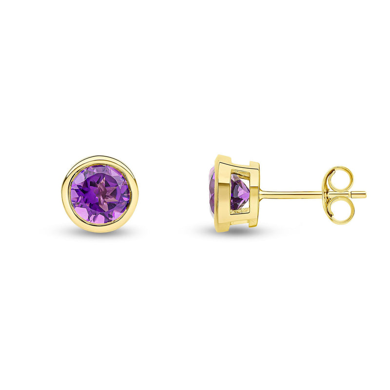 9ct Yellow Gold Round Natural Amethyst Rubover Stud Earrings — 6mm