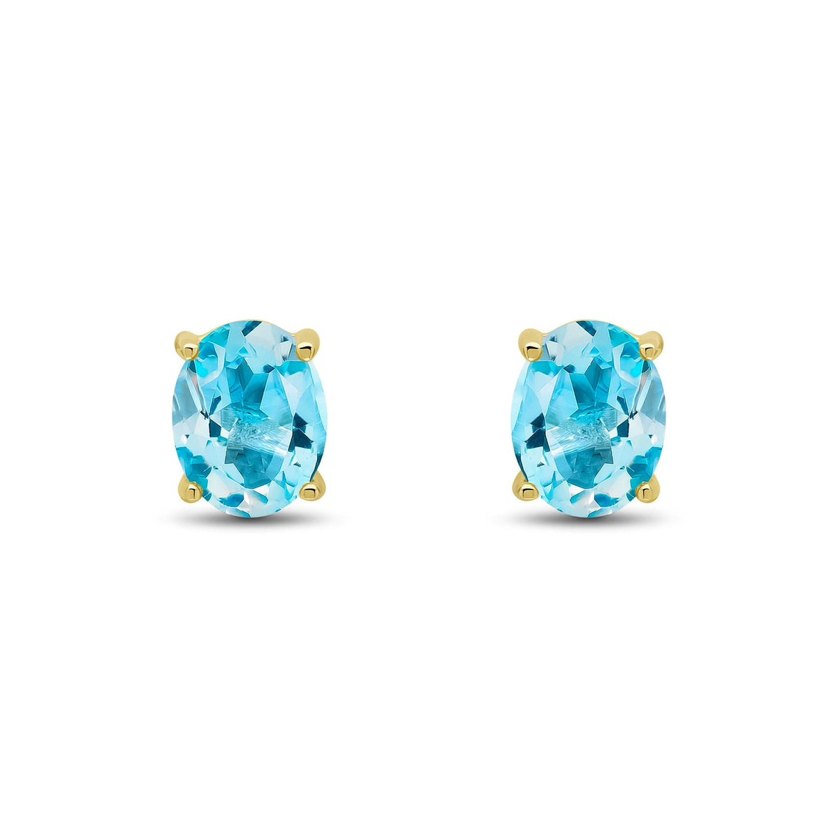 9ct Yellow Gold Oval Natural Swiss Blue Topaz Claw Stud Earrings — 9x7mm