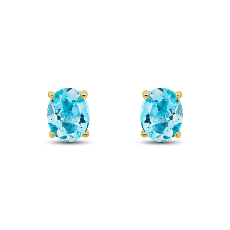 9ct Yellow Gold Oval Natural Swiss Blue Topaz Claw Stud Earrings — 9x7mm