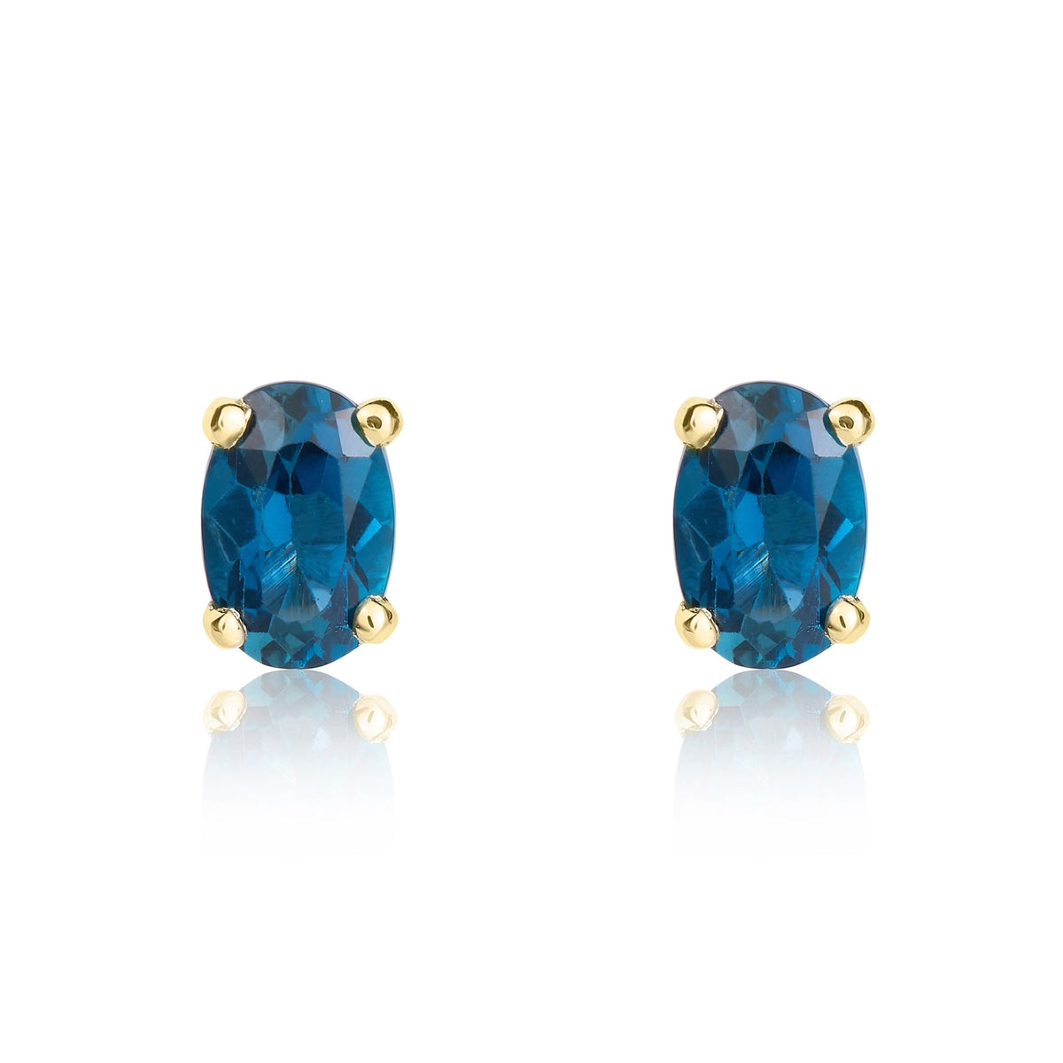 9ct Yellow Gold Oval Natural London Blue Topaz Claw Stud Earrings — 6x4mm