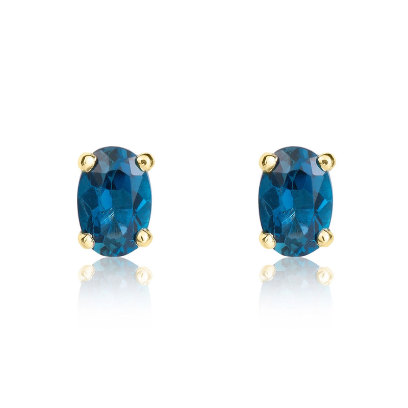9ct Yellow Gold Oval Natural London Blue Topaz Claw Stud Earrings — 6x4mm