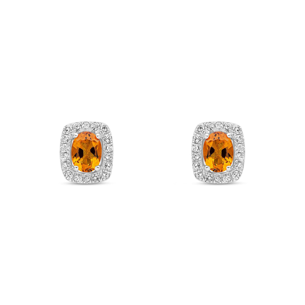 9ct White Gold Oval Natural Citrine & Diamond Cushion Cluster Stud Earrings — 4x3mm