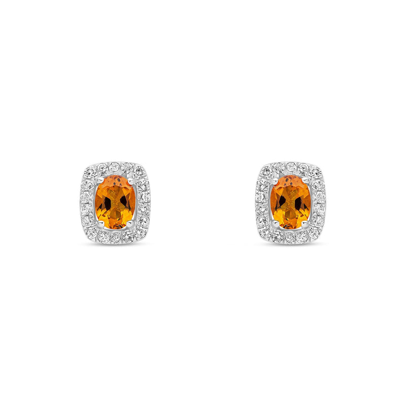 9ct White Gold Oval Natural Citrine & Diamond Cushion Cluster Stud Earrings — 4x3mm