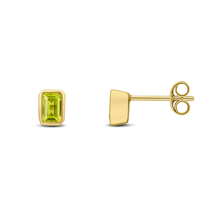 9ct Yellow Gold Octagonal Emerald Cut Natural Peridot Rubover Stud Earrings — 5x3mm