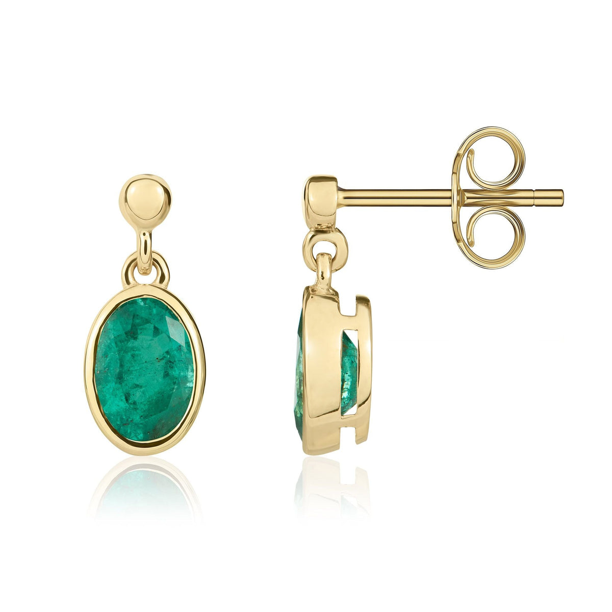 9ct Yellow Gold Oval Natural Emerald Rubover Drop Earrings — 7x5mm