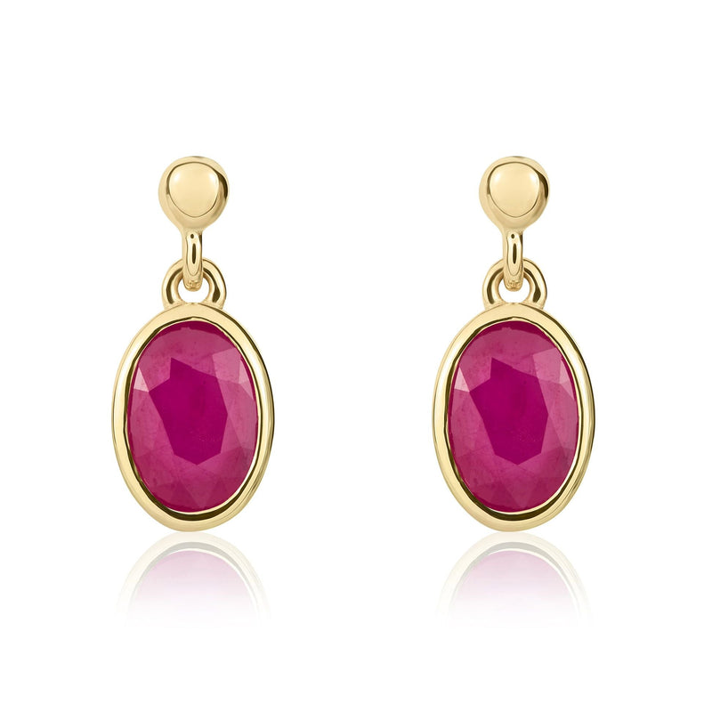 9ct Yellow Gold Oval Natural Ruby Rubover Drop Earrings — 7x5mm