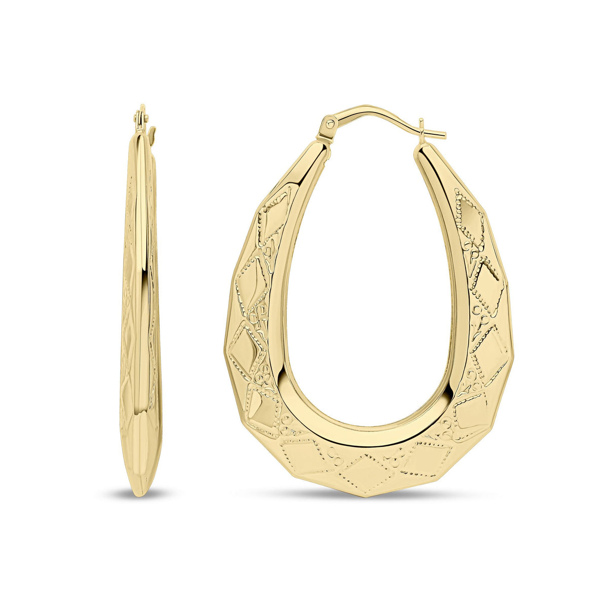 9ct Yellow Gold Diamond Cut Geometric Oval Hoop Earrings