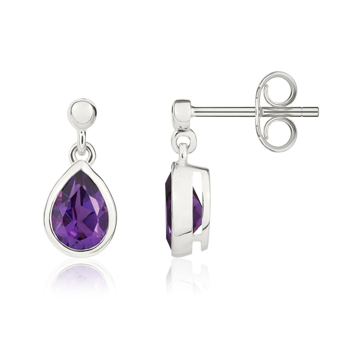 9ct White Gold Pear Shaped Natural Amethyst Rubover Drop Earrings — 7x5mm
