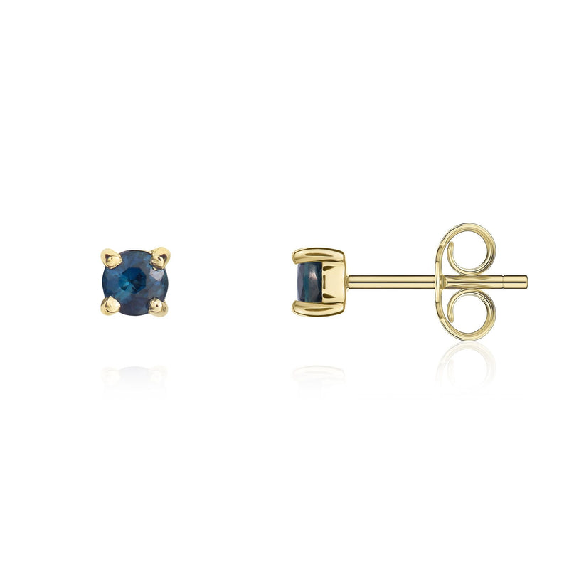 9ct Yellow Gold Round Natural Blue Sapphire Claw Stud Earrings — 3mm
