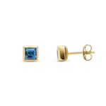 9ct Yellow Gold Square Natural London Blue Topaz Rubover Stud Earrings — 3mm