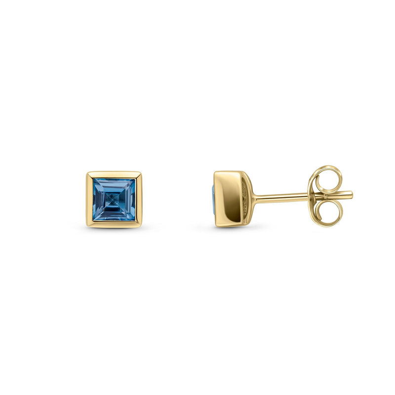 9ct Yellow Gold Square Natural London Blue Topaz Rubover Stud Earrings — 3mm