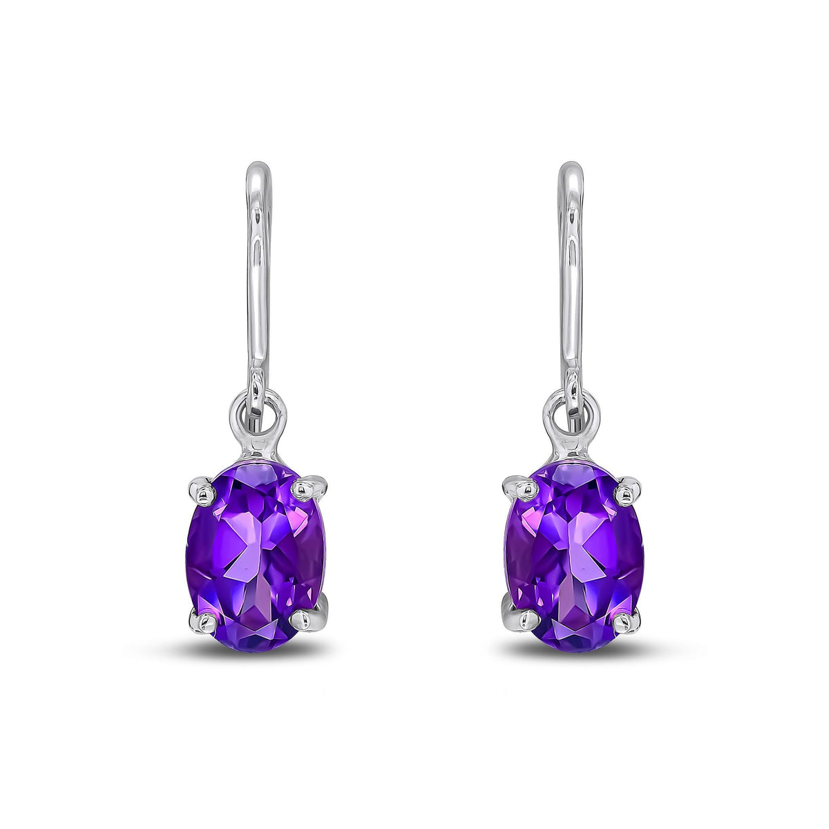 9ct White Gold Oval Natural Amethyst Claw Hook Wire Drop Earrings — 7x5mm