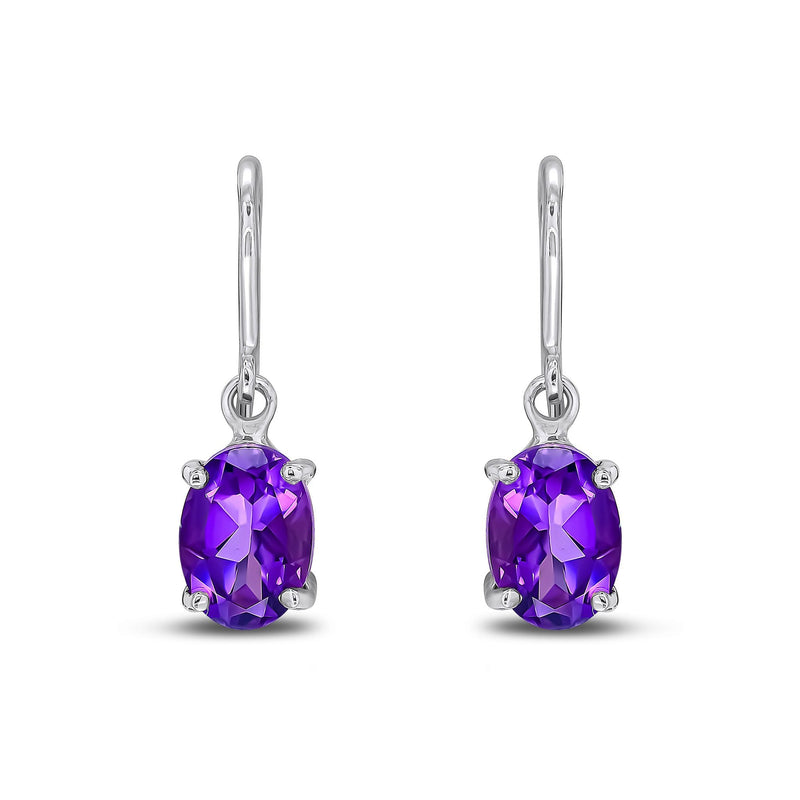 9ct White Gold Oval Natural Amethyst Claw Hook Wire Drop Earrings — 7x5mm