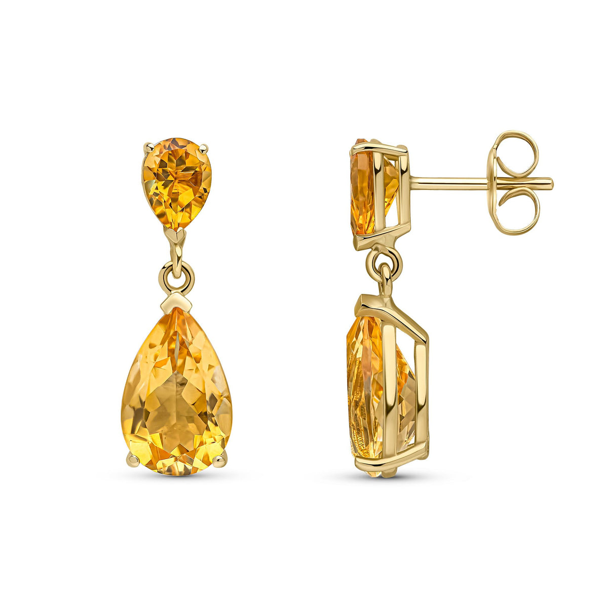 9ct Yellow Gold Pear Shaped Two Stone Claw Drop Earrings — 12x8mm