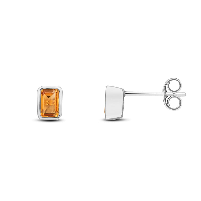 9ct White Gold Octagonal Emerald Cut Natural Citrine Rubover Stud Earrings — 5x3mm
