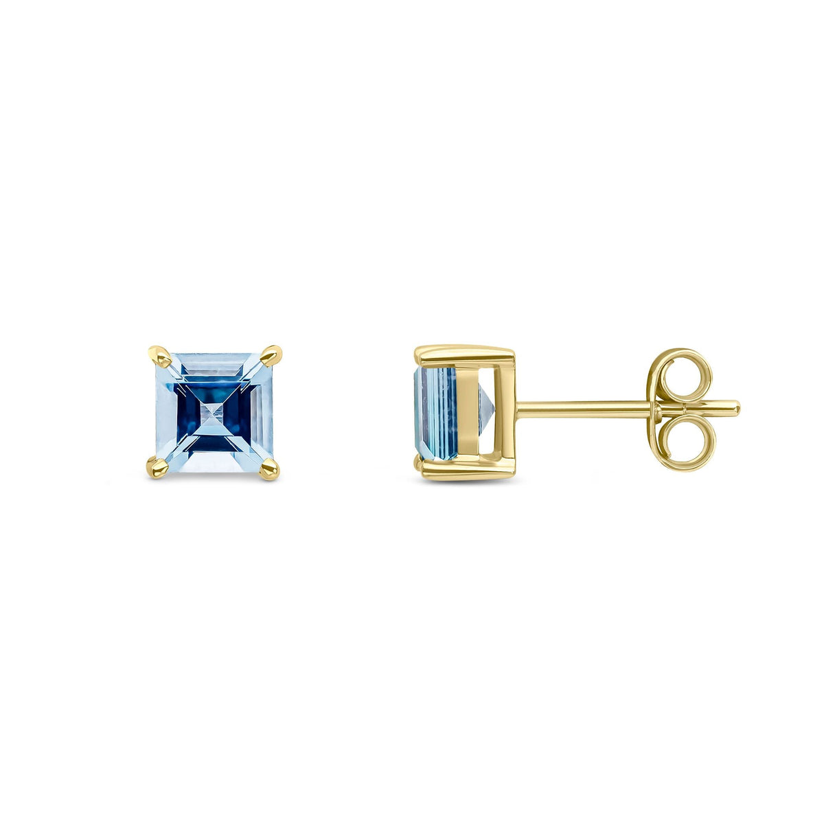 9ct Yellow Gold Square Natural Aquamarine Claw Stud Earrings — 5mm