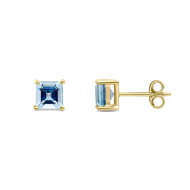 9ct Yellow Gold Square Natural Aquamarine Claw Stud Earrings — 5mm