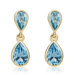 9ct Yellow Gold Pear Shaped Natural Swiss Blue Topaz Two Stone Rubover Drop Earrings