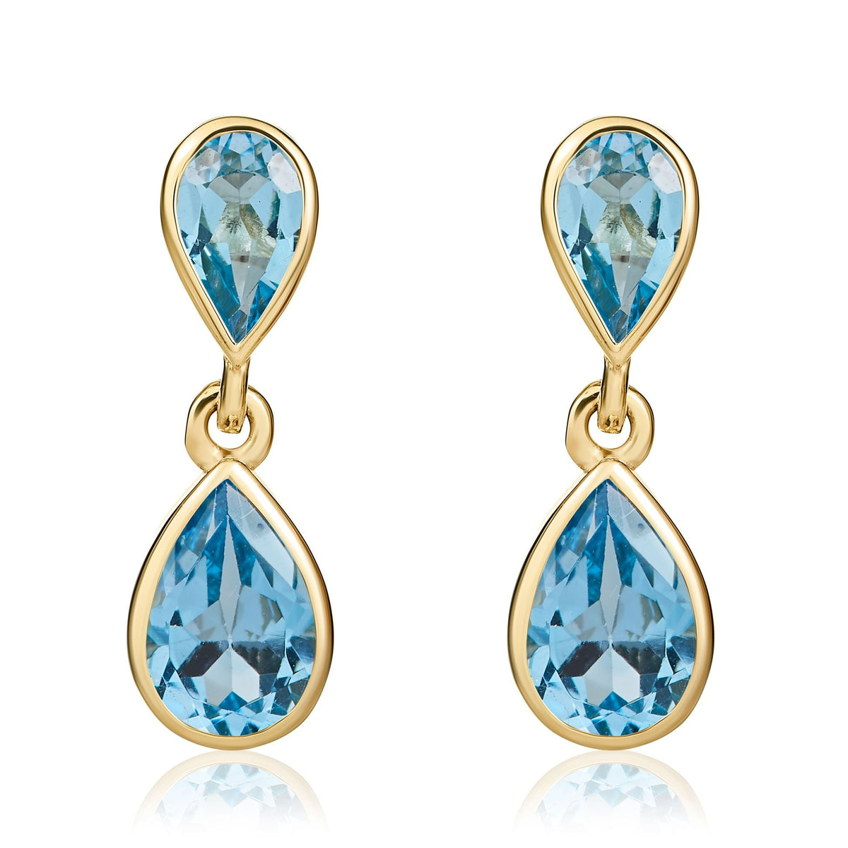 9ct Yellow Gold Pear Shaped Natural Swiss Blue Topaz Two Stone Rubover Drop Earrings