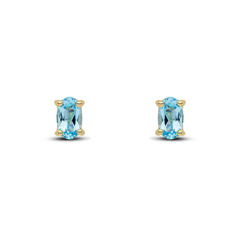 9ct Yellow Gold Oval Natural Swiss Blue Topaz Claw Stud Earrings — 5x3mm