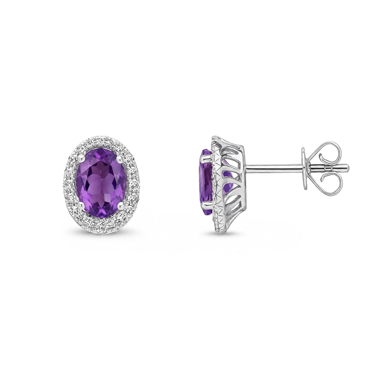 9ct White Gold Oval Natural Amethyst & Diamond Cluster Stud Earrings — 7x5mm