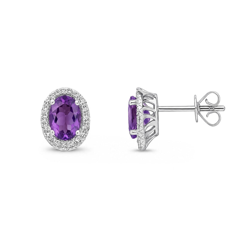 9ct White Gold Oval Natural Amethyst & Diamond Cluster Stud Earrings — 7x5mm