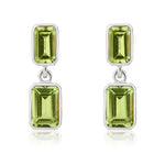 9ct White Gold Octagonal Emerald Cut Natural Peridot Double Stone Rubover Drop Earrings