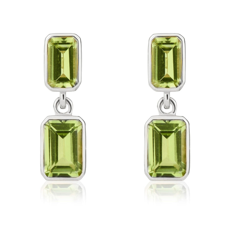 9ct White Gold Octagonal Emerald Cut Natural Peridot Double Stone Rubover Drop Earrings