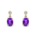 9ct Yellow Gold Oval Natural Amethyst Claw Drop Earrings — 7x5mm
