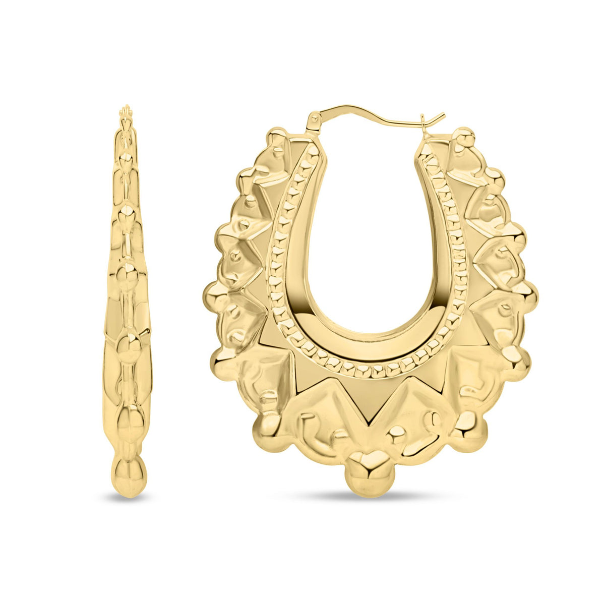 9ct Yellow Gold Large Scalloped Decorative Creole Hoop Earrings