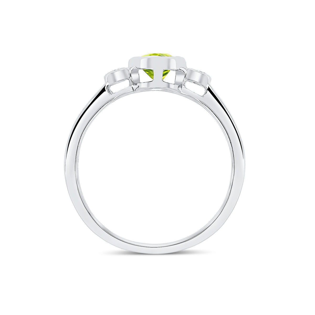 9ct White Gold Oval Natural Peridot and Diamond Three Stone Rubover Ring