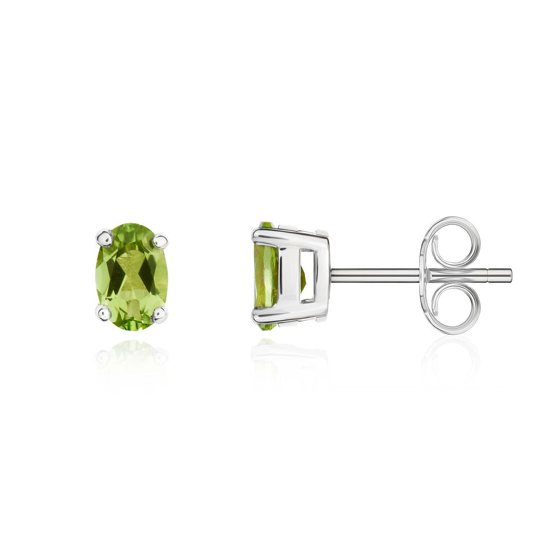 9ct White Gold Oval Natural Peridot Claw Stud Earrings — 6x4mm