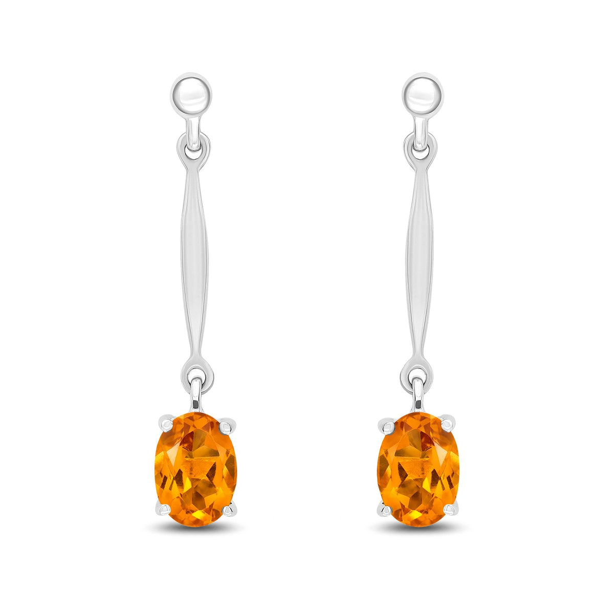 9ct White Gold Oval Natural Citrine Claw Bar Drop Earrings — 7x5mm