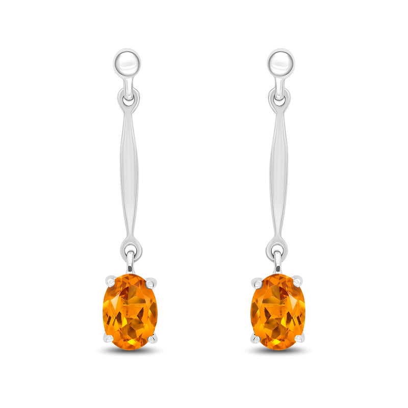 9ct White Gold Oval Natural Citrine Claw Bar Drop Earrings — 7x5mm