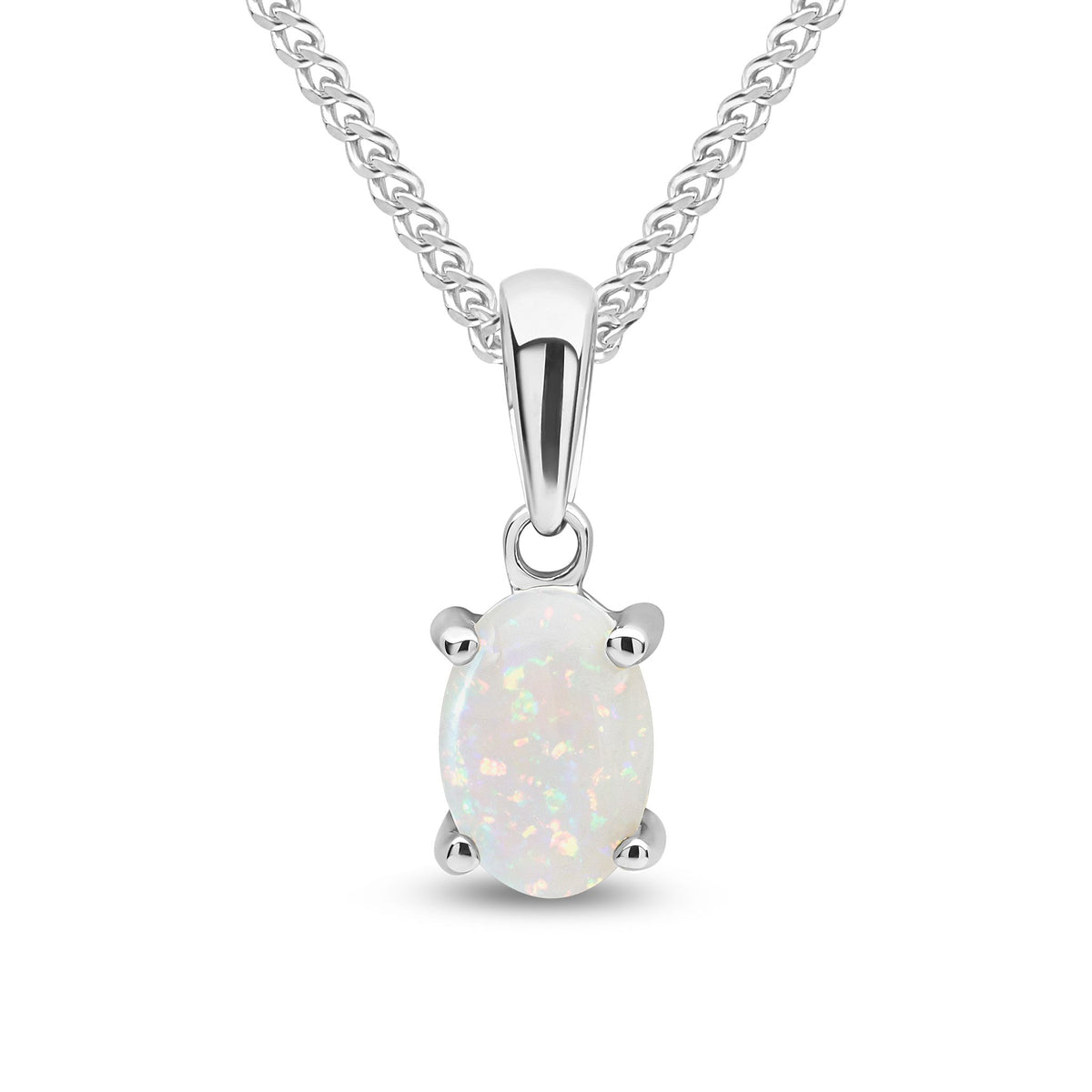 9ct White Gold Oval Natural Opal Claw Pendant — 6x4mm