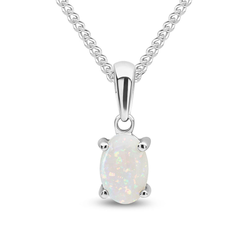 9ct White Gold Oval Natural Opal Claw Pendant — 6x4mm