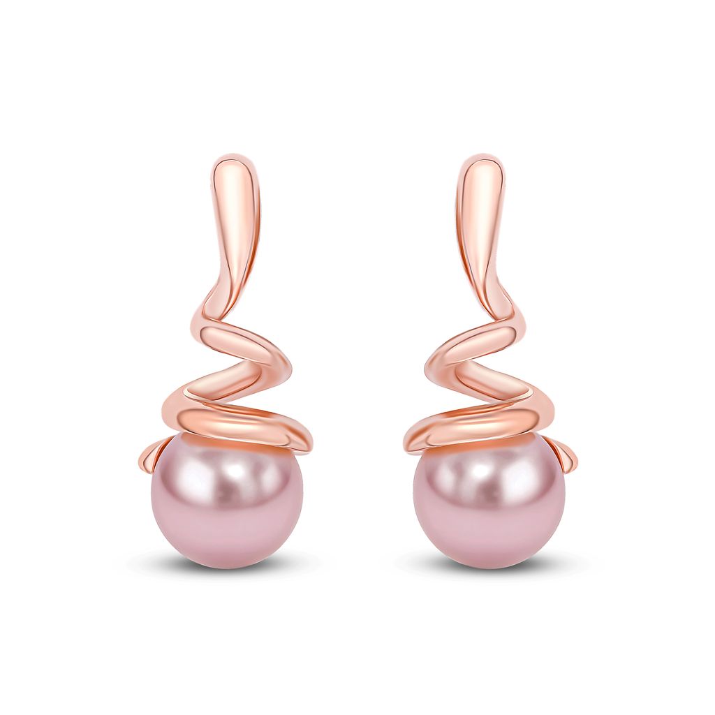 9ct Rose Gold Pink Natural Freshwater Pearl Spiral Drop Earrings