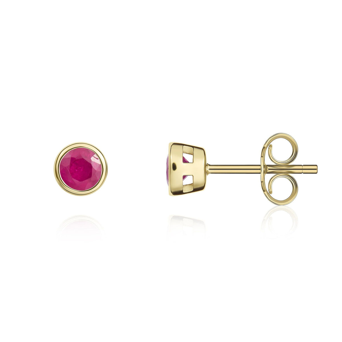 9ct Yellow Gold Round Natural Ruby Rubover Stud Earrings — 3mm