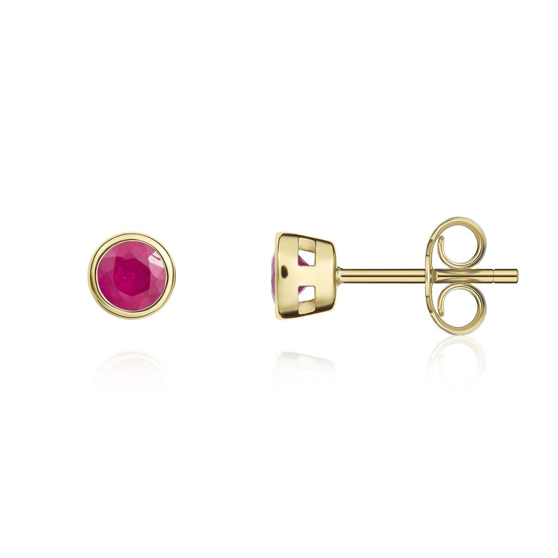 9ct Yellow Gold Round Natural Ruby Rubover Stud Earrings — 3mm